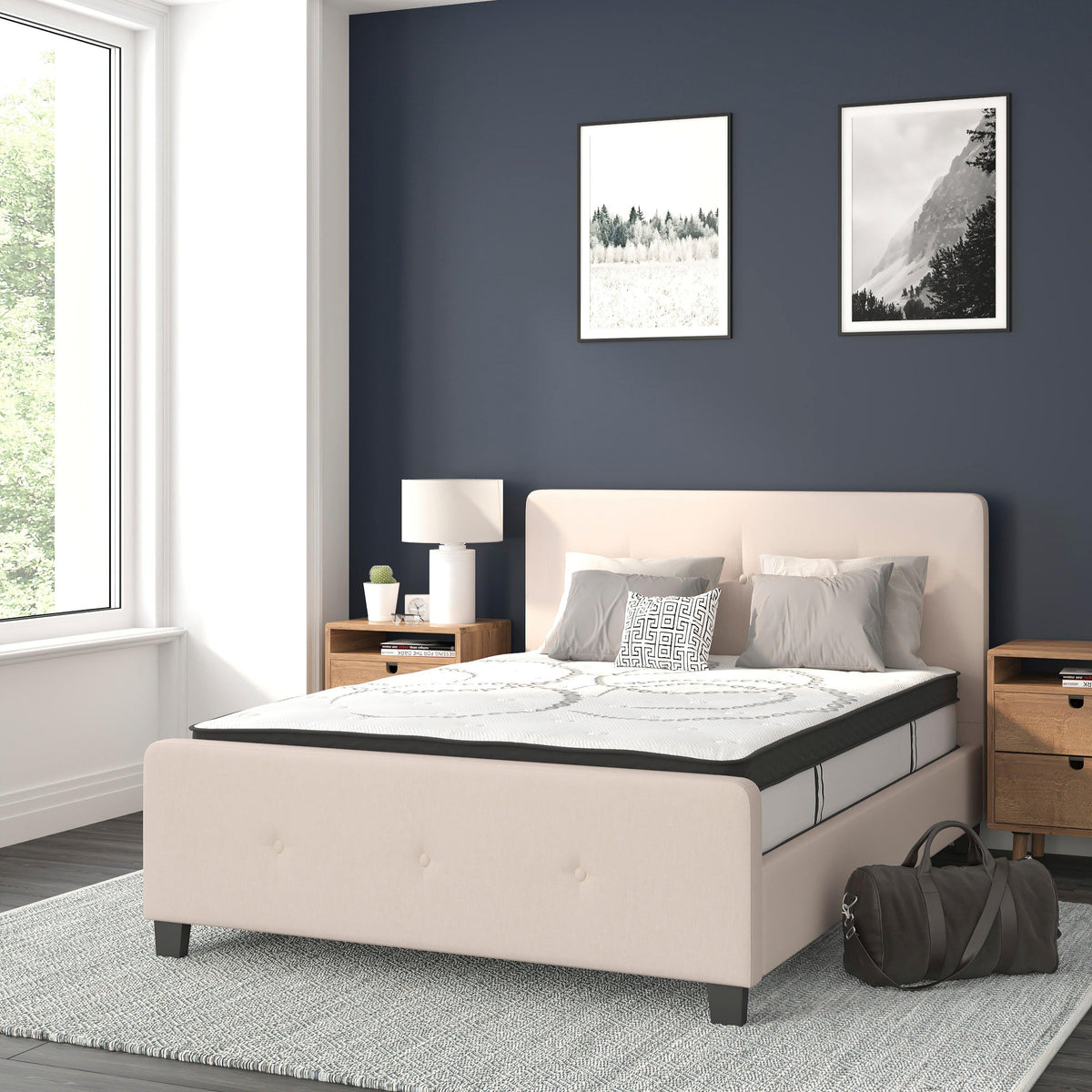 Beige,Full |#| Full Tufted Platform Bed in Beige Fabric with 10 Inch Pocket Spring Mattress