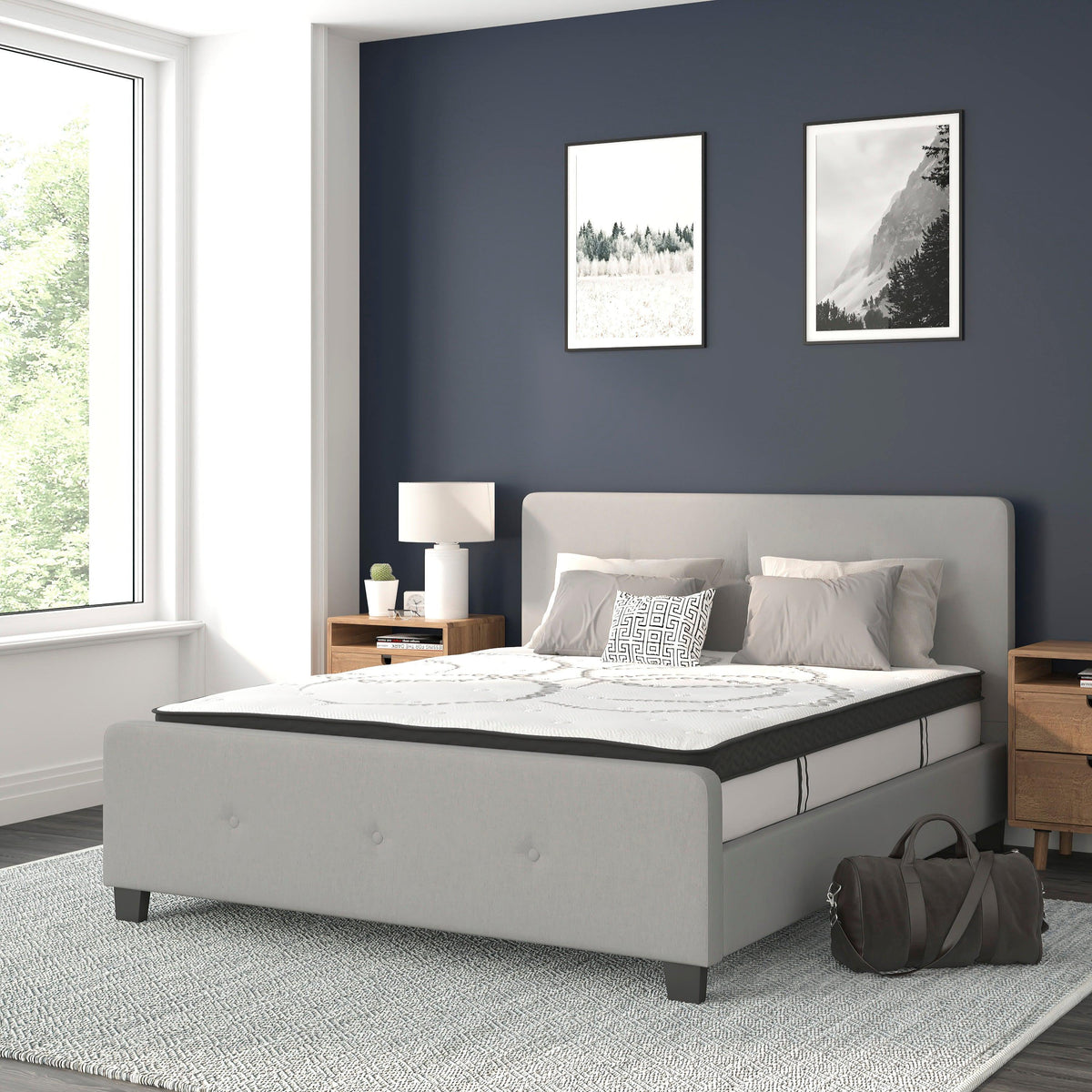 Light Gray,Queen |#| Queen Tufted Platform Bed in Light Gray Fabric with 10in. Pocket Spring Mattress