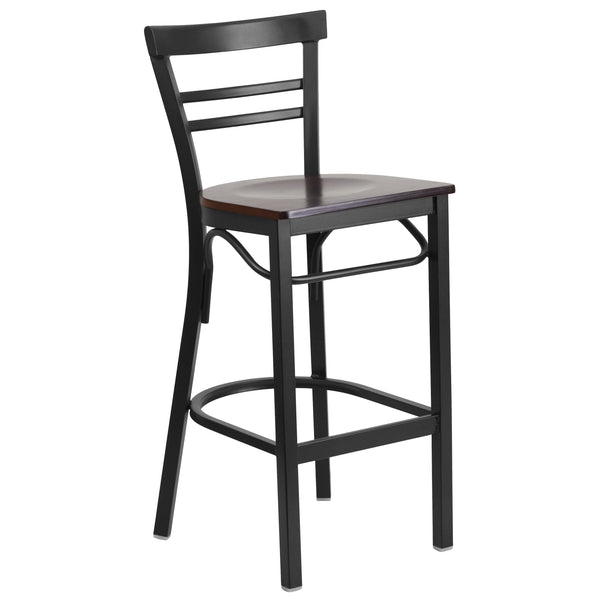 Walnut Wood Seat/Black Metal Frame |#| Black Two-Slat Ladder Back Metal Restaurant Barstool - Walnut Wood Seat