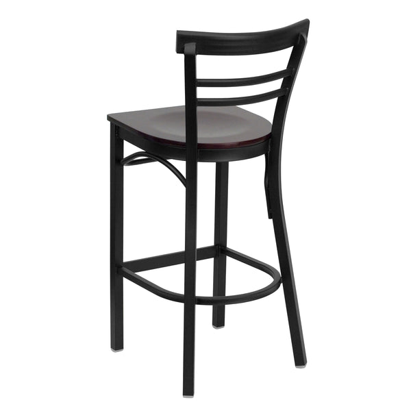 Mahogany Wood Seat/Black Metal Frame |#| Black Two-Slat Ladder Back Metal Restaurant Barstool - Mahogany Wood Seat