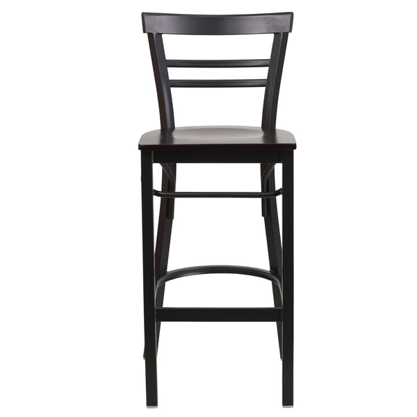 Walnut Wood Seat/Black Metal Frame |#| Black Two-Slat Ladder Back Metal Restaurant Barstool - Walnut Wood Seat