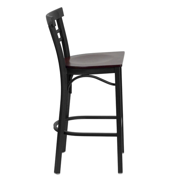 Mahogany Wood Seat/Black Metal Frame |#| Black Two-Slat Ladder Back Metal Restaurant Barstool - Mahogany Wood Seat
