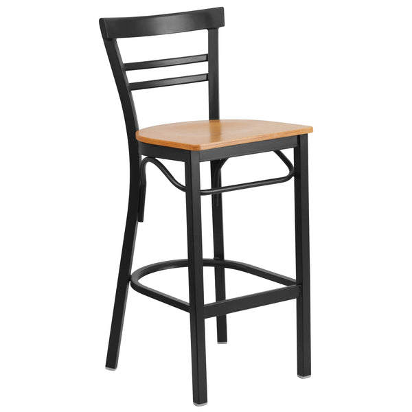 Natural Wood Seat/Black Metal Frame |#| Black Two-Slat Ladder Back Metal Restaurant Barstool - Natural Wood Seat