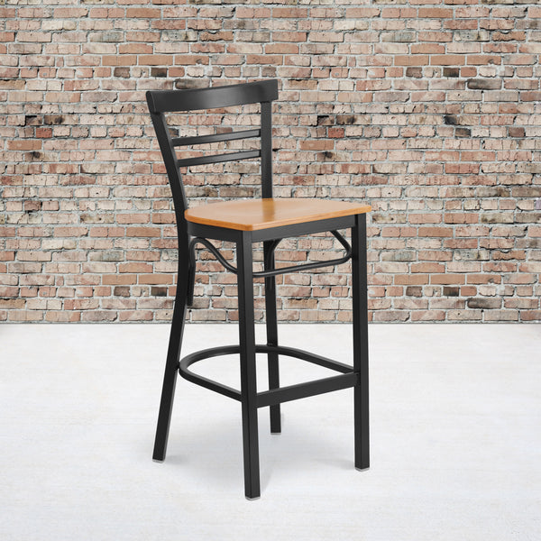 Natural Wood Seat/Black Metal Frame |#| Black Two-Slat Ladder Back Metal Restaurant Barstool - Natural Wood Seat