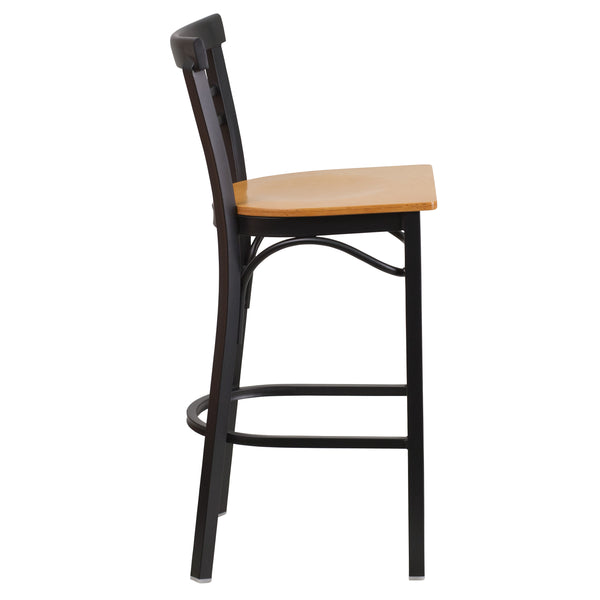 Natural Wood Seat/Black Metal Frame |#| Black Two-Slat Ladder Back Metal Restaurant Barstool - Natural Wood Seat