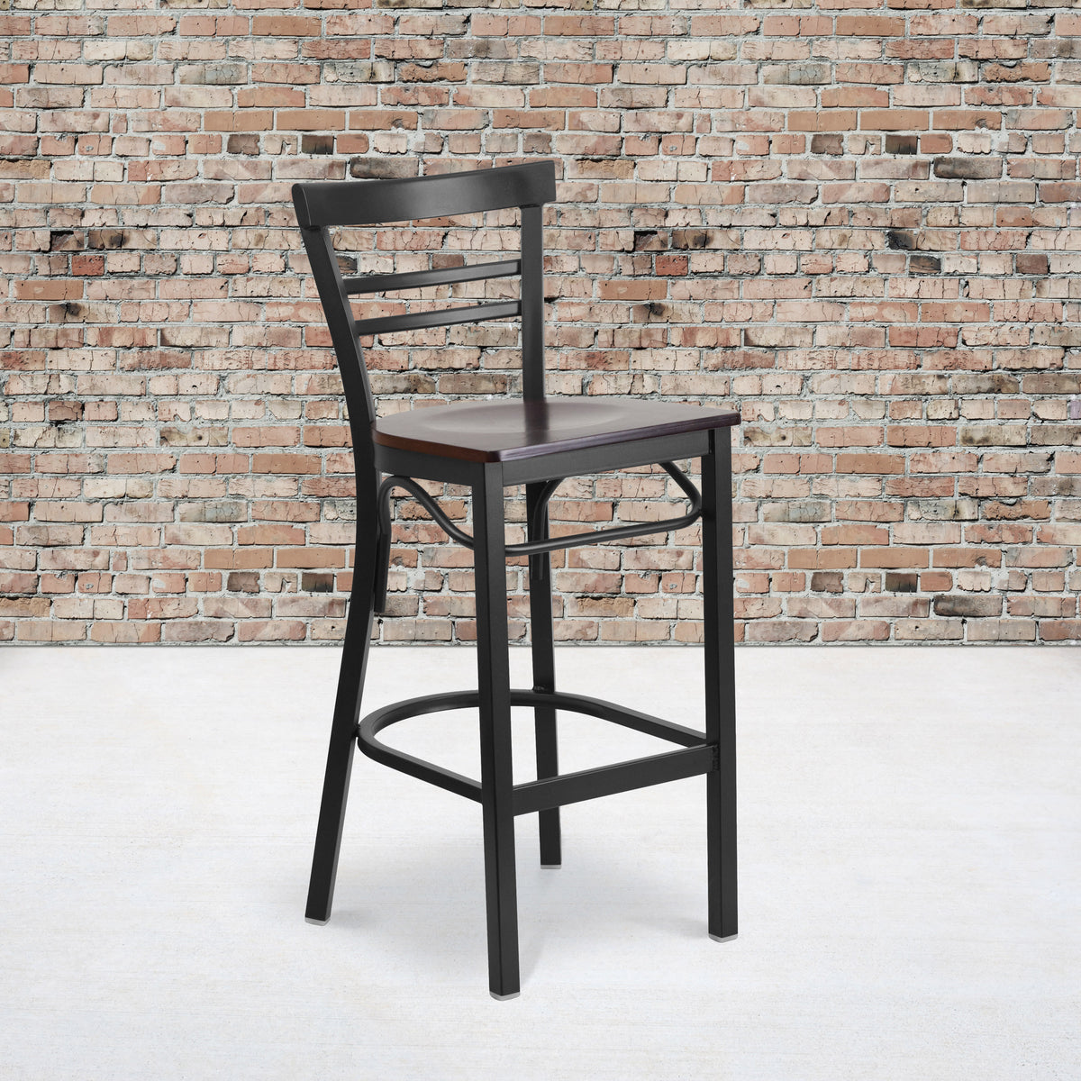 Walnut Wood Seat/Black Metal Frame |#| Black Two-Slat Ladder Back Metal Restaurant Barstool - Walnut Wood Seat