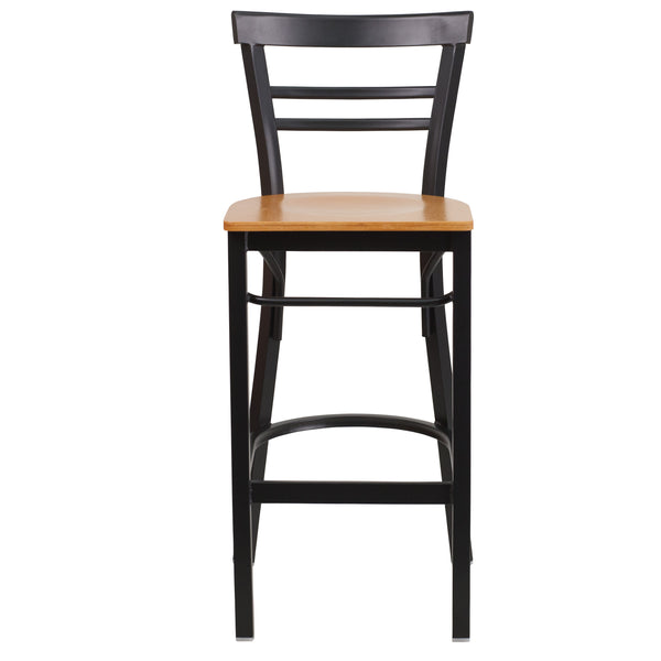 Natural Wood Seat/Black Metal Frame |#| Black Two-Slat Ladder Back Metal Restaurant Barstool - Natural Wood Seat