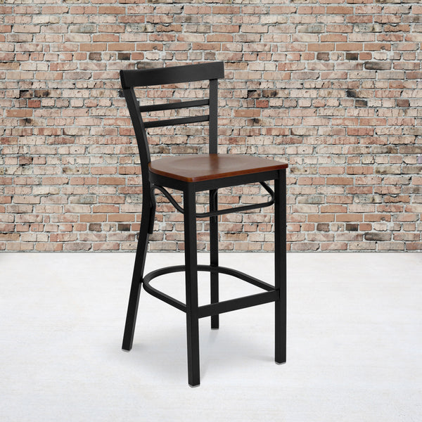 Cherry Wood Seat/Black Metal Frame |#| Black Two-Slat Ladder Back Metal Restaurant Barstool - Cherry Wood Seat