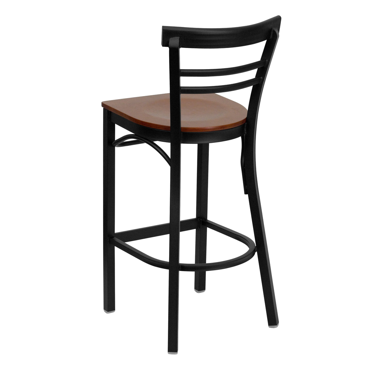 Cherry Wood Seat/Black Metal Frame |#| Black Two-Slat Ladder Back Metal Restaurant Barstool - Cherry Wood Seat