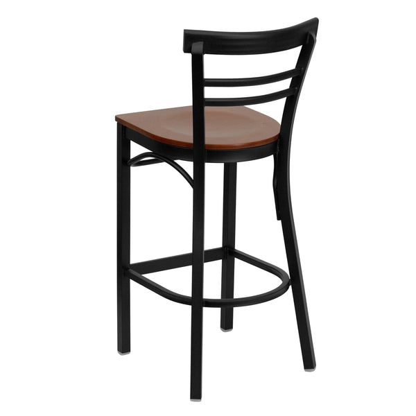Cherry Wood Seat/Black Metal Frame |#| Black Two-Slat Ladder Back Metal Restaurant Barstool - Cherry Wood Seat
