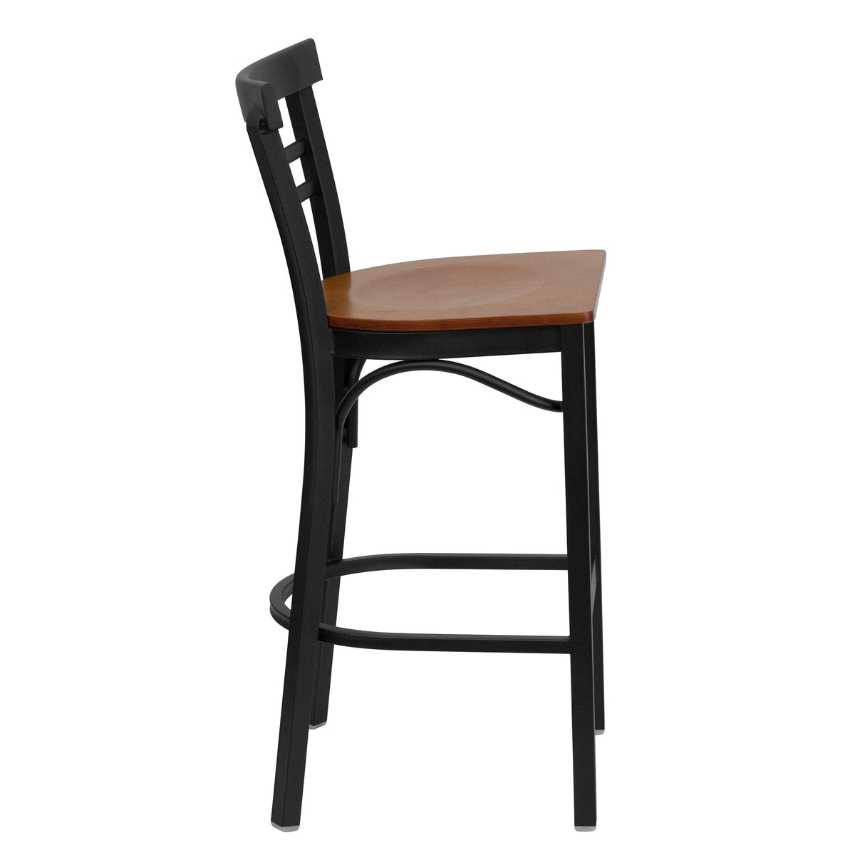 Cherry Wood Seat/Black Metal Frame |#| Black Two-Slat Ladder Back Metal Restaurant Barstool - Cherry Wood Seat