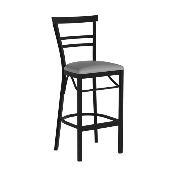 Blue Vinyl Seat/Black Metal Frame |#| Black Two-Slat Ladder Back Metal Restaurant Barstool - Blue Vinyl Seat