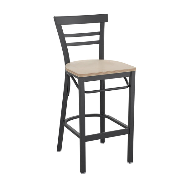 Antique White Wood Seat/Black Metal Frame |#| Black Two-Slat Ladder Back Metal Restaurant Barstool - Antique White Wood Seat