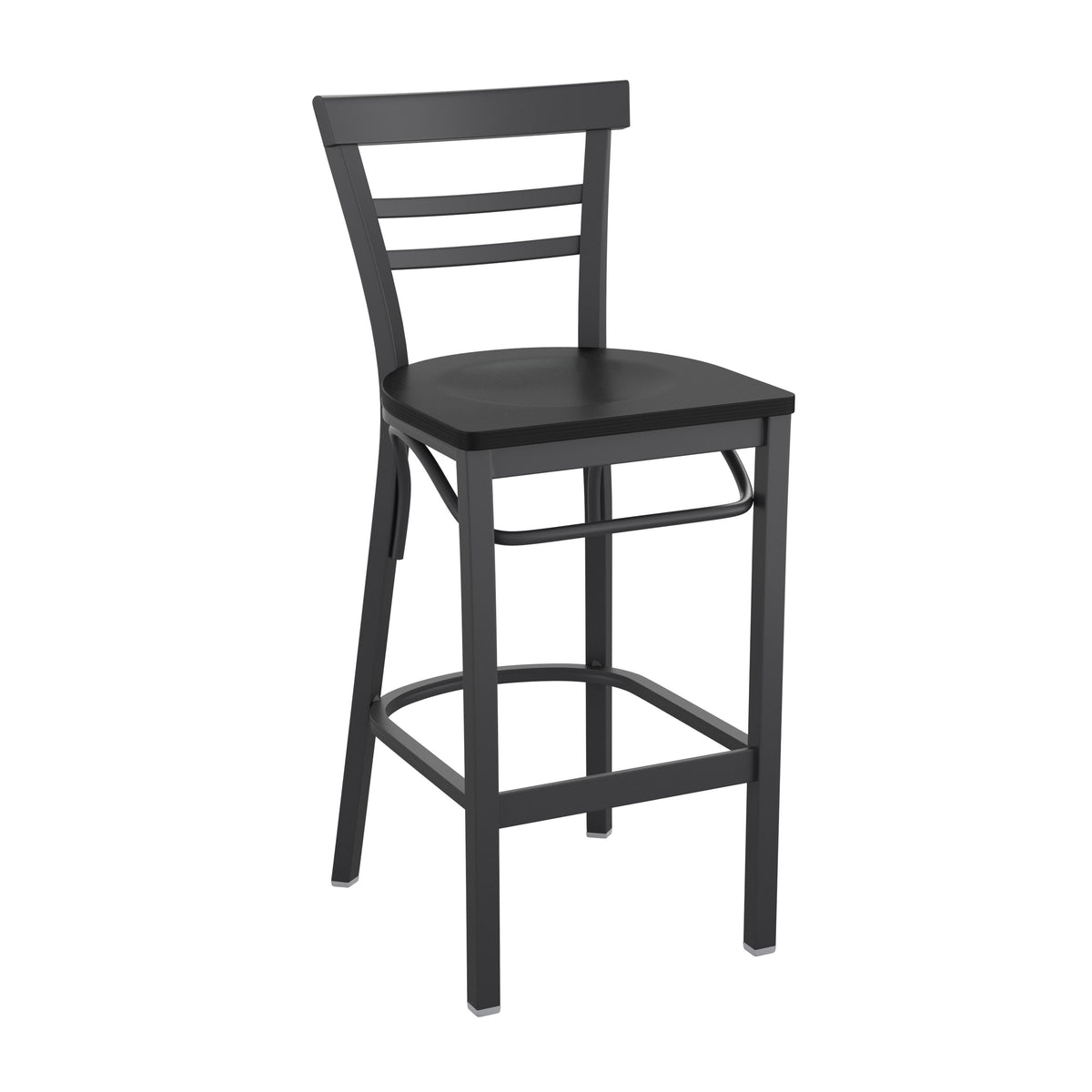 Black Wood Seat/Black Metal Frame |#| Black Two-Slat Ladder Back Metal Restaurant Barstool - Black Wood Seat