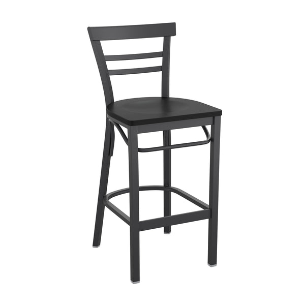 Black Wood Seat/Black Metal Frame |#| Black Two-Slat Ladder Back Metal Restaurant Barstool - Black Wood Seat