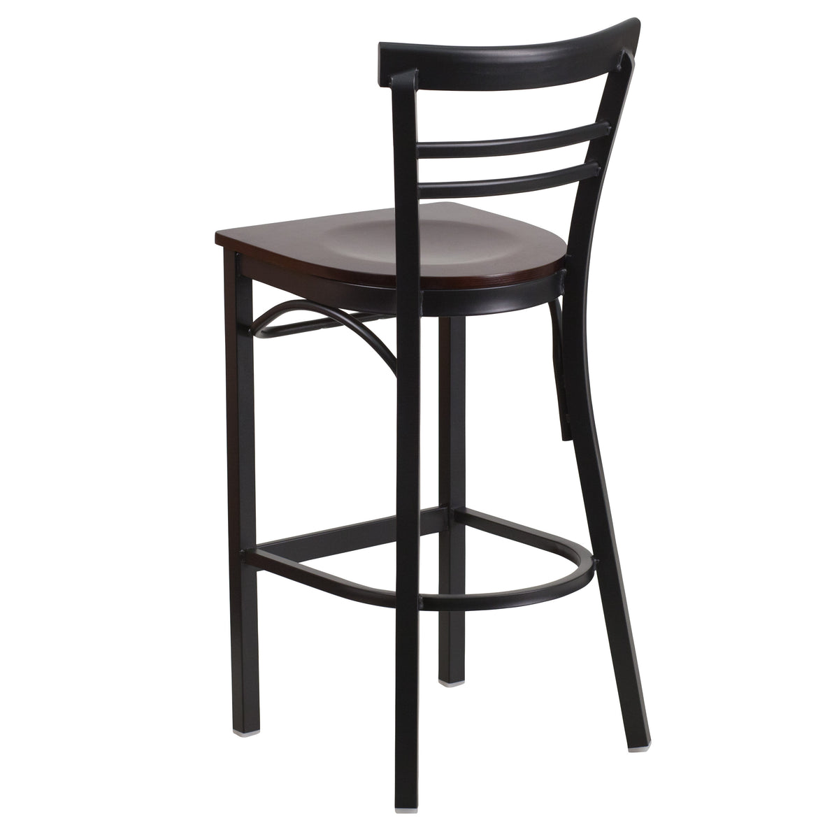 Walnut Wood Seat/Black Metal Frame |#| Black Two-Slat Ladder Back Metal Restaurant Barstool - Walnut Wood Seat