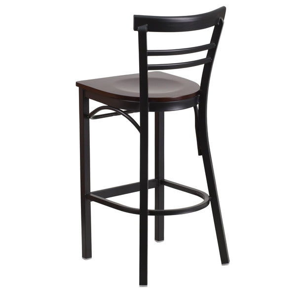 Walnut Wood Seat/Black Metal Frame |#| Black Two-Slat Ladder Back Metal Restaurant Barstool - Walnut Wood Seat