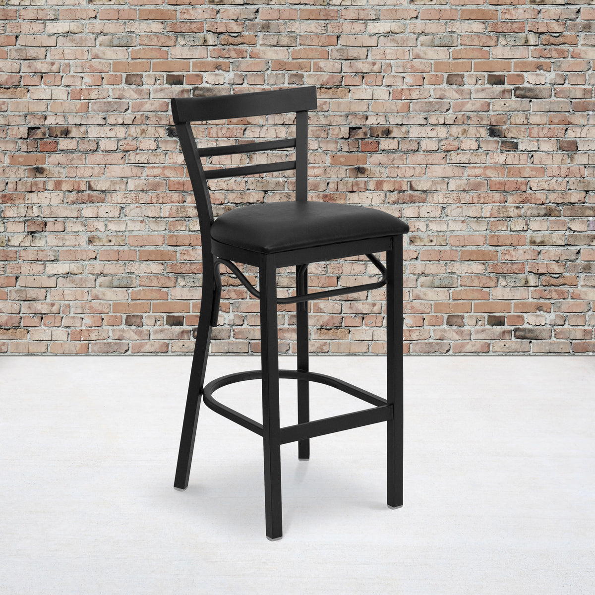 Black Vinyl Seat/Black Metal Frame |#| Black Two-Slat Ladder Back Metal Restaurant Barstool - Black Vinyl Seat