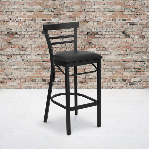 Black Vinyl Seat/Black Metal Frame |#| Black Two-Slat Ladder Back Metal Restaurant Barstool - Black Vinyl Seat