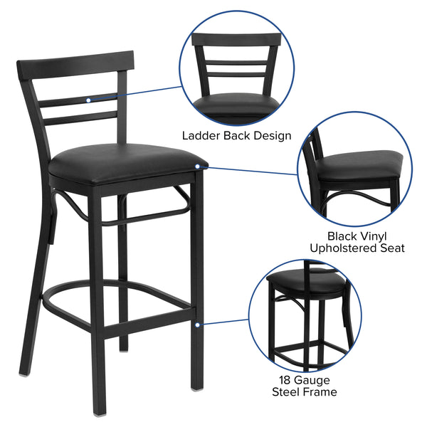 Black Vinyl Seat/Black Metal Frame |#| Black Two-Slat Ladder Back Metal Restaurant Barstool - Black Vinyl Seat