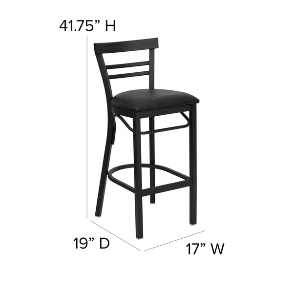 Black Vinyl Seat/Black Metal Frame |#| Black Two-Slat Ladder Back Metal Restaurant Barstool - Black Vinyl Seat