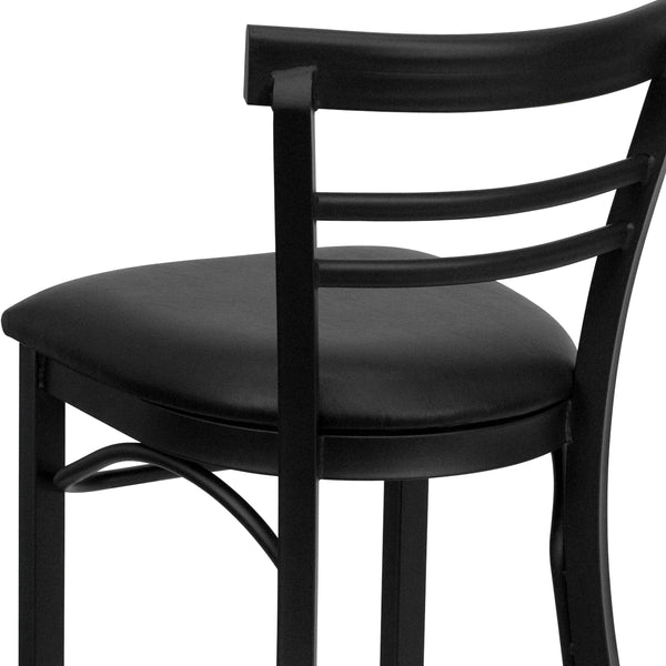 Black Vinyl Seat/Black Metal Frame |#| Black Two-Slat Ladder Back Metal Restaurant Barstool - Black Vinyl Seat