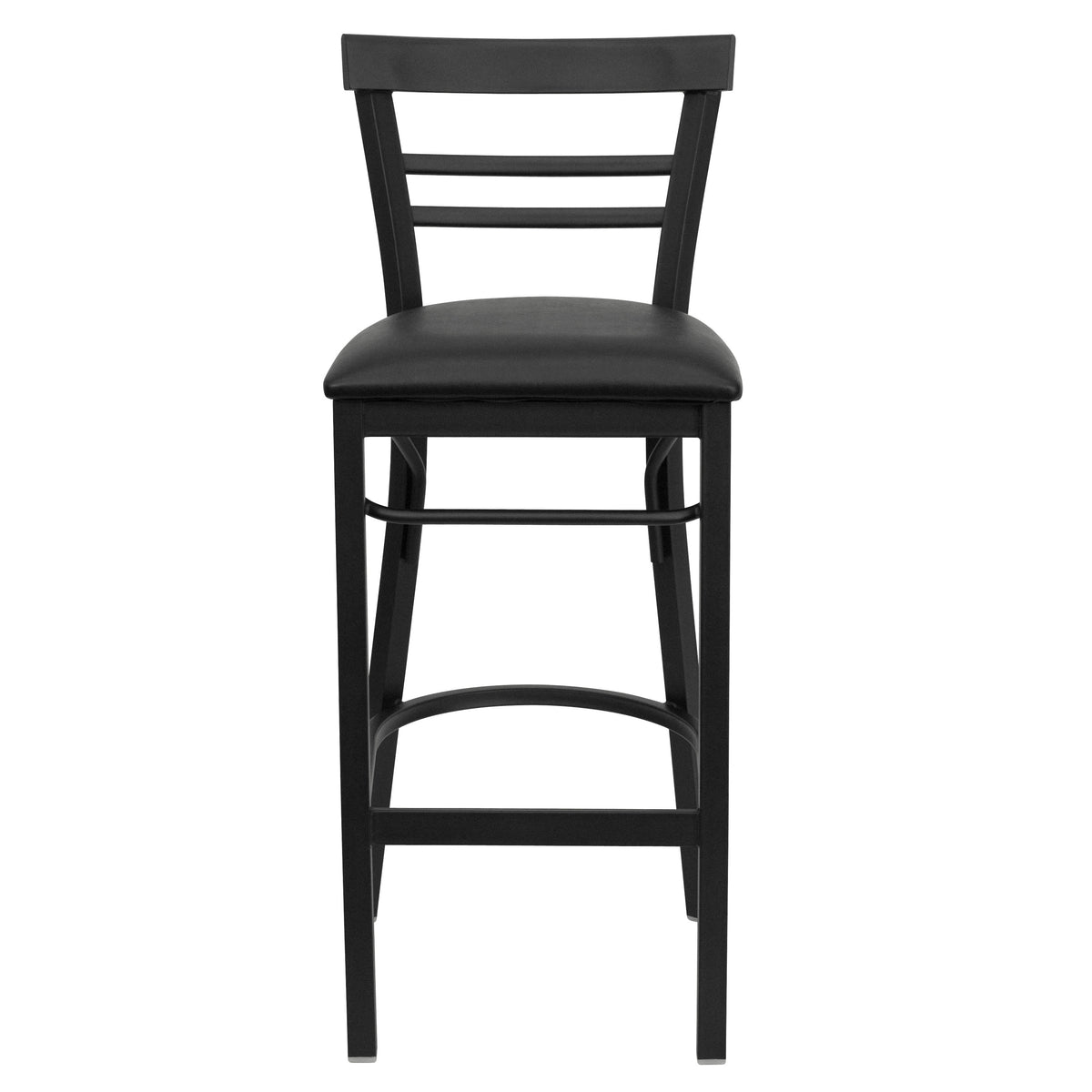 Black Vinyl Seat/Black Metal Frame |#| Black Two-Slat Ladder Back Metal Restaurant Barstool - Black Vinyl Seat