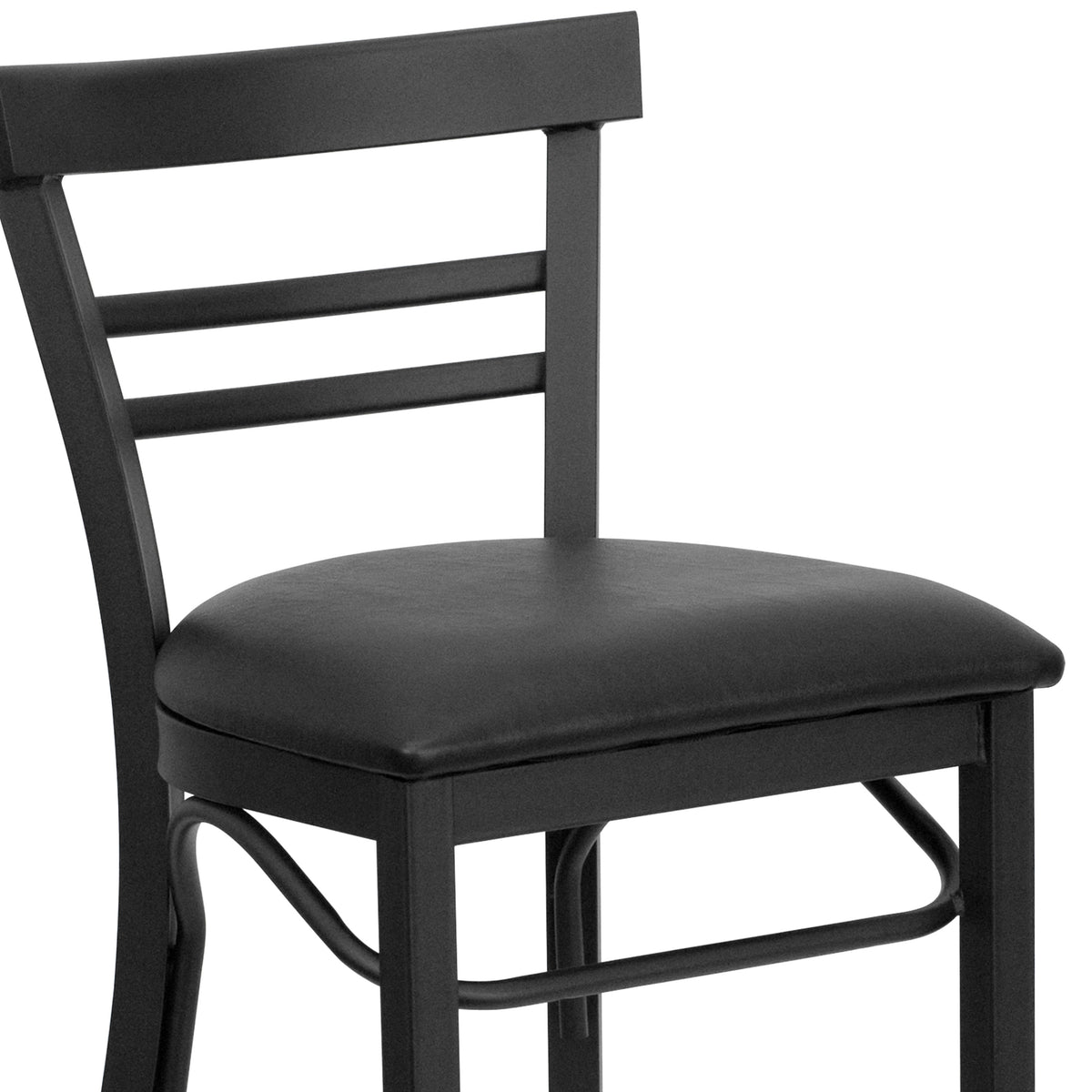 Black Vinyl Seat/Black Metal Frame |#| Black Two-Slat Ladder Back Metal Restaurant Barstool - Black Vinyl Seat