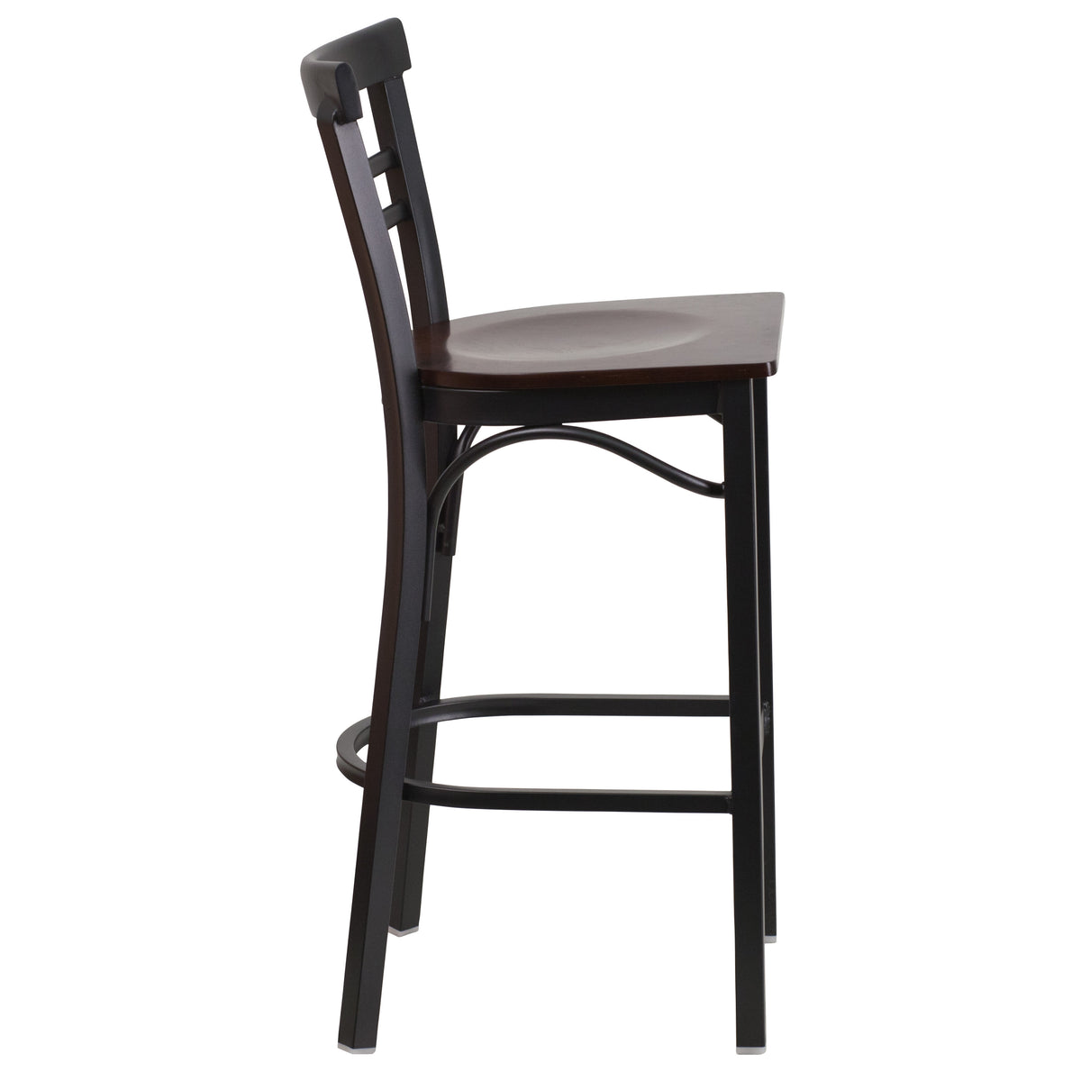 Walnut Wood Seat/Black Metal Frame |#| Black Two-Slat Ladder Back Metal Restaurant Barstool - Walnut Wood Seat