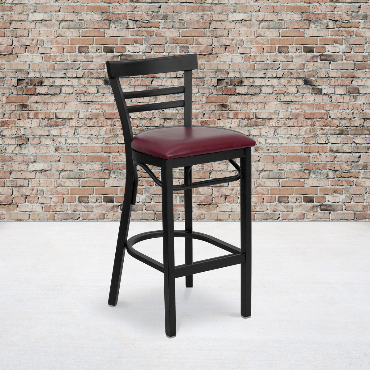 Burgundy Vinyl Seat/Black Metal Frame |#| Black Two-Slat Ladder Back Metal Restaurant Barstool - Burgundy Vinyl Seat