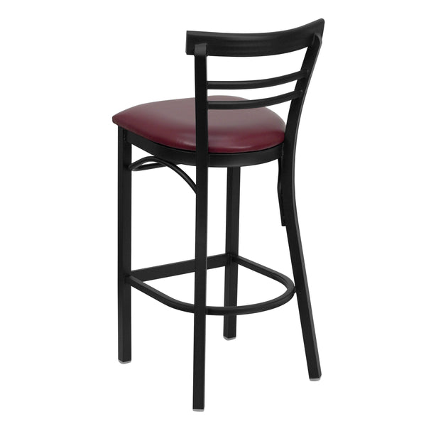 Burgundy Vinyl Seat/Black Metal Frame |#| Black Two-Slat Ladder Back Metal Restaurant Barstool - Burgundy Vinyl Seat