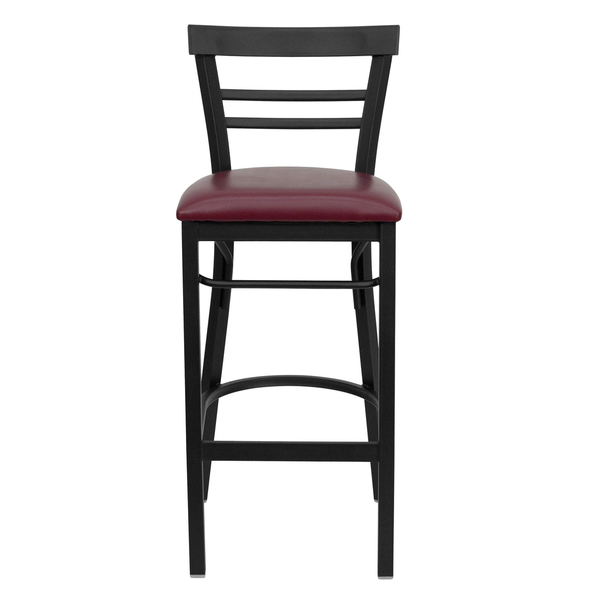 Burgundy Vinyl Seat/Black Metal Frame |#| Black Two-Slat Ladder Back Metal Restaurant Barstool - Burgundy Vinyl Seat