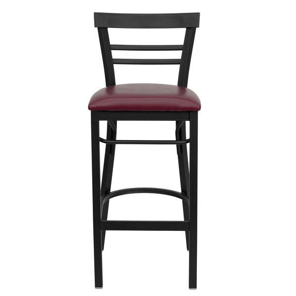 Burgundy Vinyl Seat/Black Metal Frame |#| Black Two-Slat Ladder Back Metal Restaurant Barstool - Burgundy Vinyl Seat