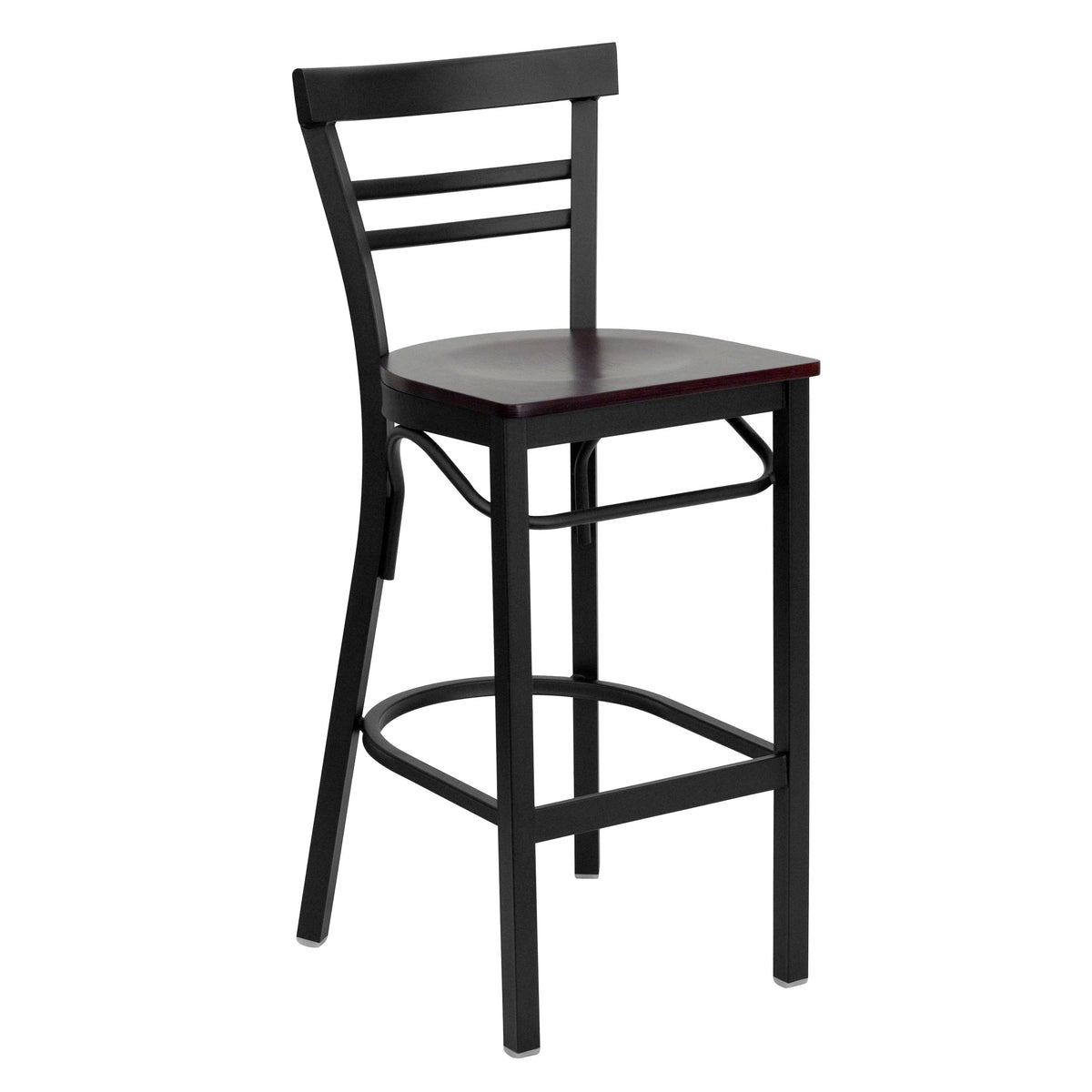 Mahogany Wood Seat/Black Metal Frame |#| Black Two-Slat Ladder Back Metal Restaurant Barstool - Mahogany Wood Seat