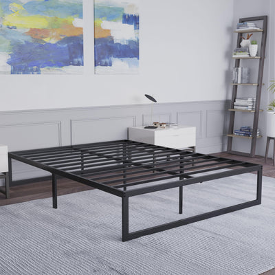 Universal 14 Inch Metal Platform Bed Frame - No Box Spring Needed w/ Steel Slat Support and Quick Lock Functionality