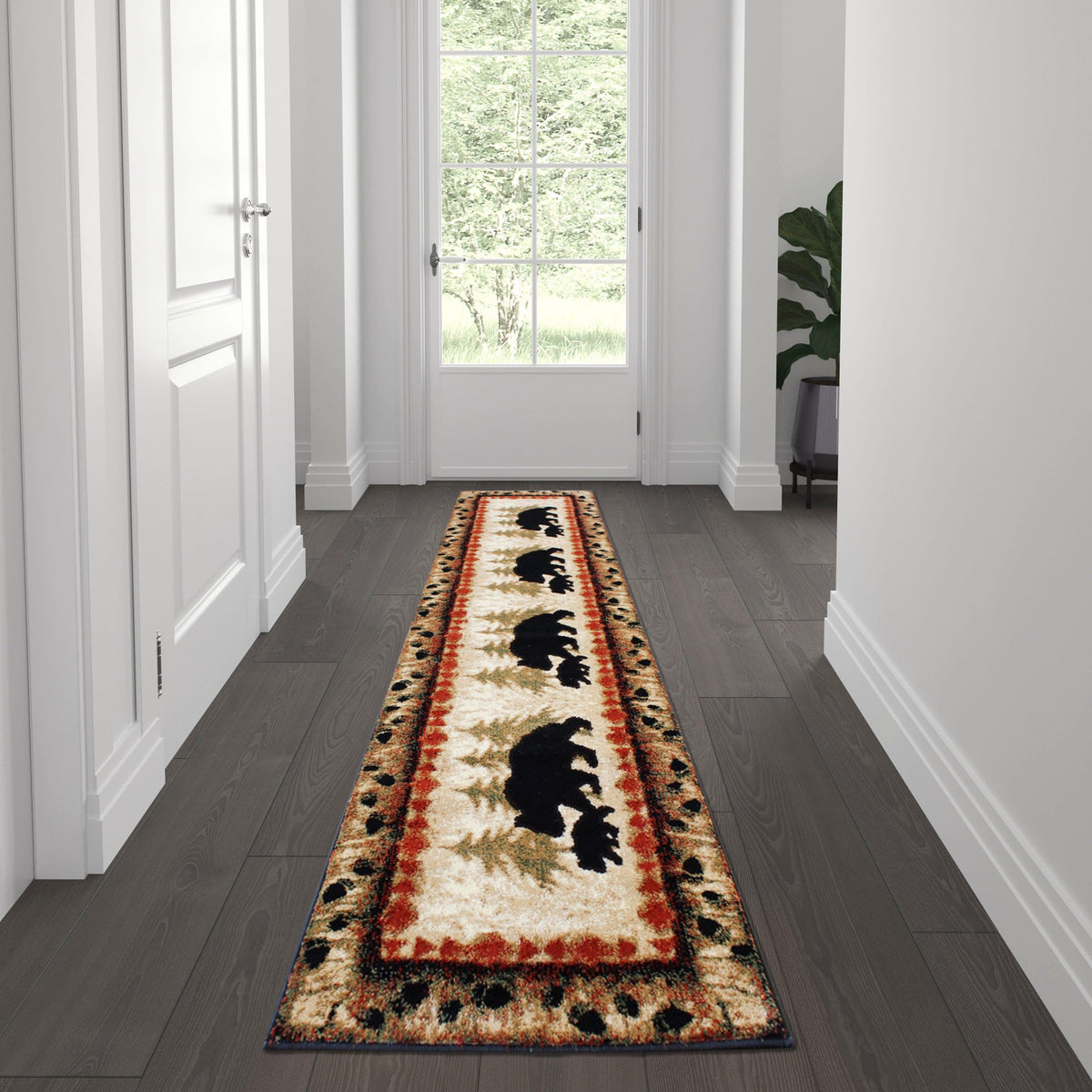 Brown,2' x 7' |#| Wandering Bear and Cub Rustic Olefin Area Rug in Brown - Jute Backing - 2' x 7'