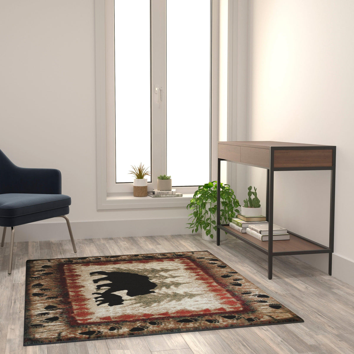 Brown,4' x 5' |#| Wandering Bear and Cub Rustic Olefin Area Rug in Brown - Jute Backing - 4' x 5'