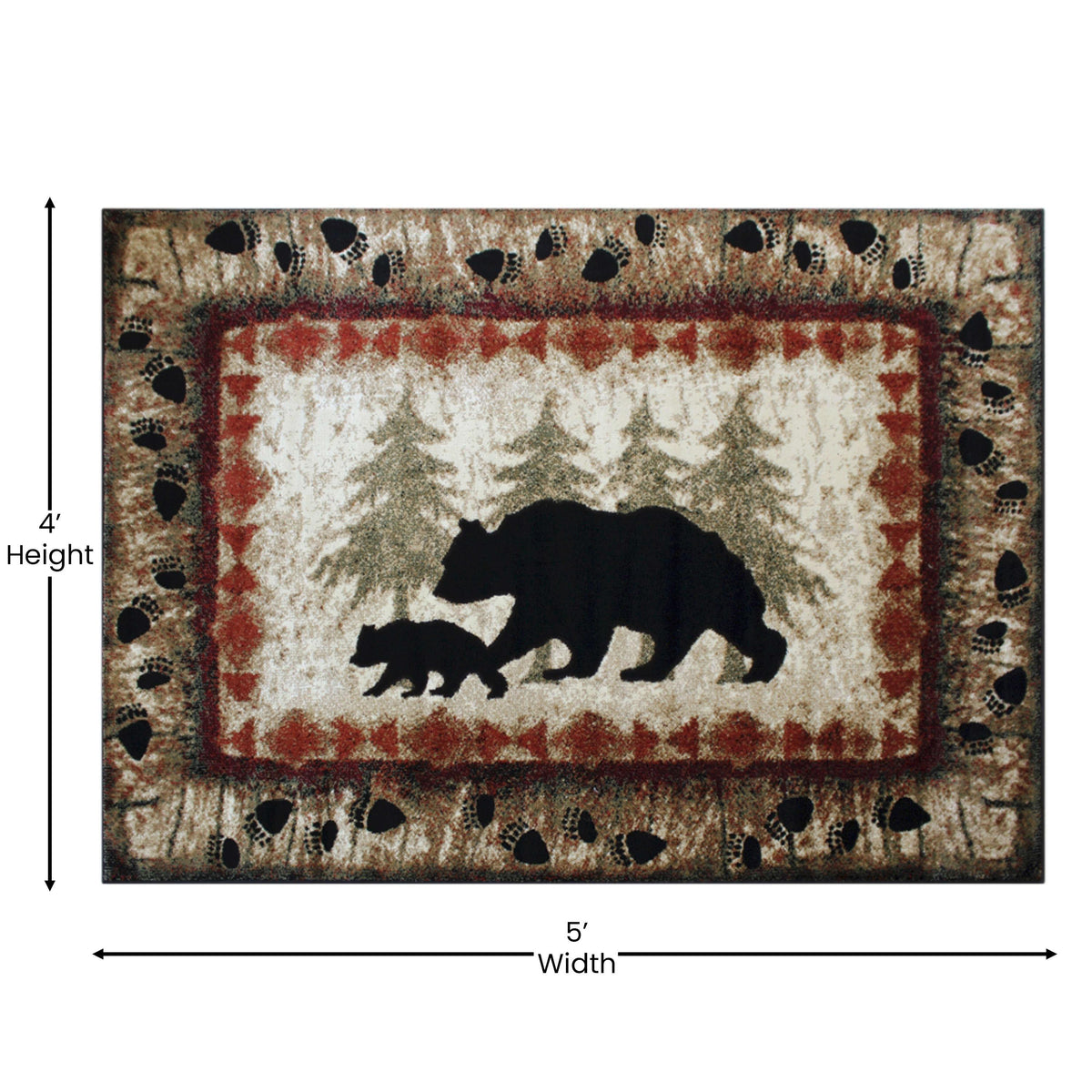 Brown,4' x 5' |#| Wandering Bear and Cub Rustic Olefin Area Rug in Brown - Jute Backing - 4' x 5'