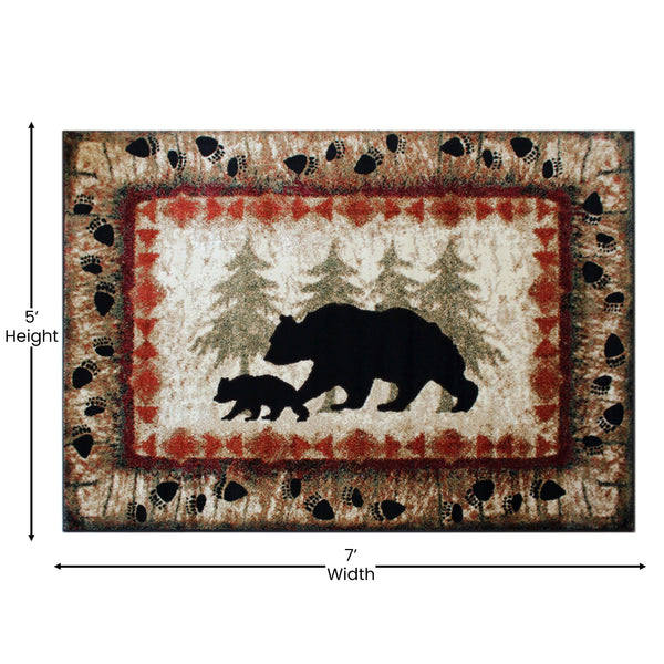 Brown,5' x 7' |#| Wandering Bear and Cub Rustic Olefin Area Rug in Brown - Jute Backing - 5' x 7'
