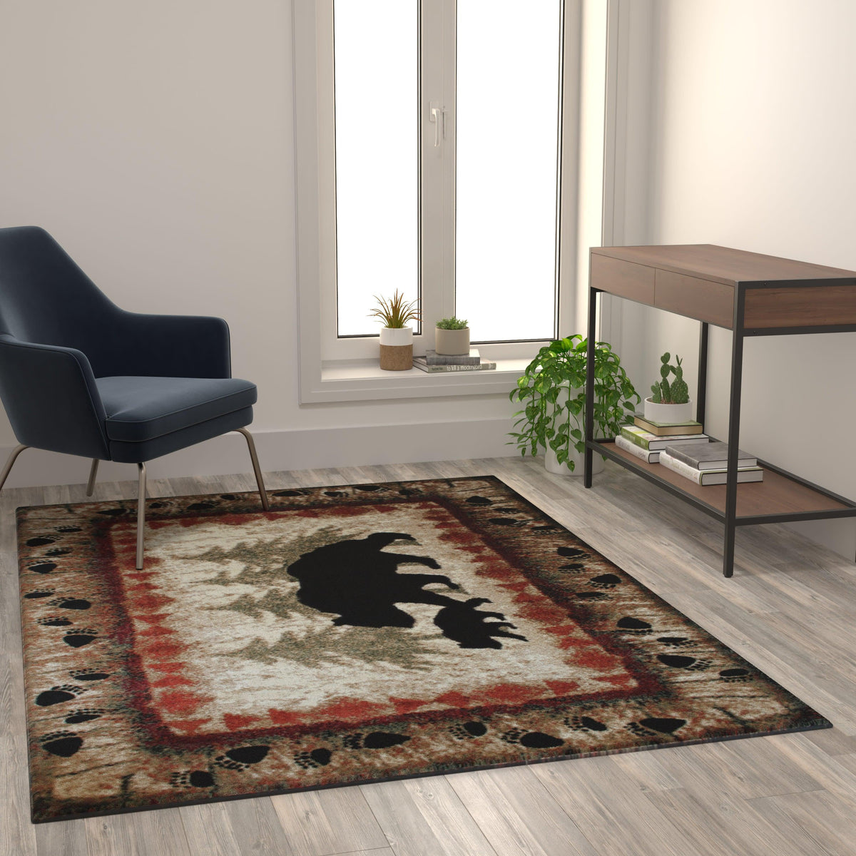 Brown,5' x 7' |#| Wandering Bear and Cub Rustic Olefin Area Rug in Brown - Jute Backing - 5' x 7'