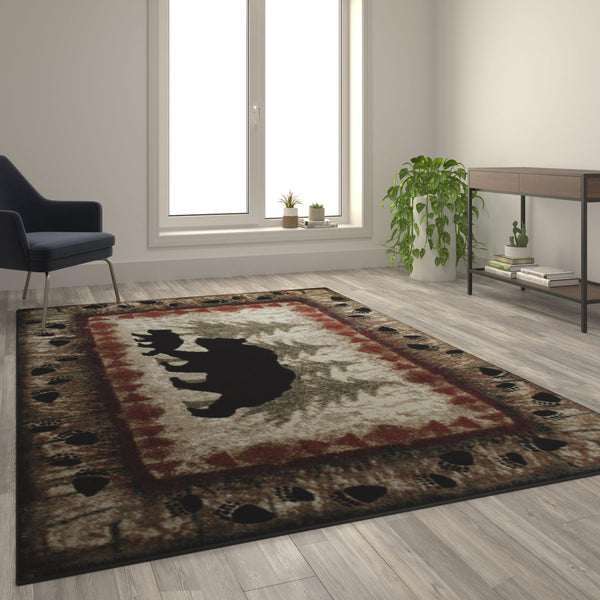 Brown,6' x 9' |#| Wandering Bear and Cub Rustic Olefin Area Rug in Brown - Jute Backing - 6' x 9'