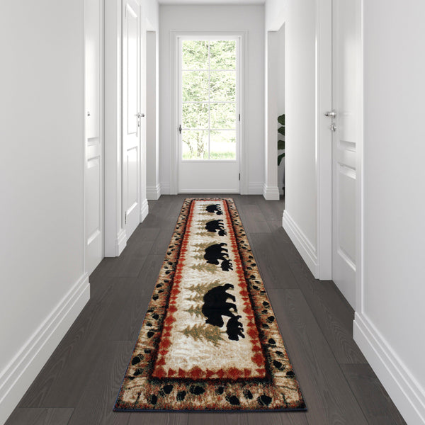 Brown,3' x 10' |#| Wandering Bear and Cub Rustic Olefin Area Rug in Brown - Jute Backing - 3' x 10'