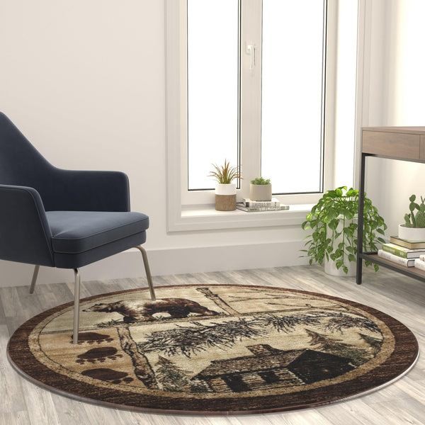 Beige,6' Round |#| Wildlife Themed Plush Indoor Area Rug in Shades of Brown - 6' x 6'