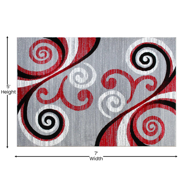 Red,5' x 7' |#| Modern Distressed Swirl Abstract Style Indoor Area Rug in Red - 5' x 7'