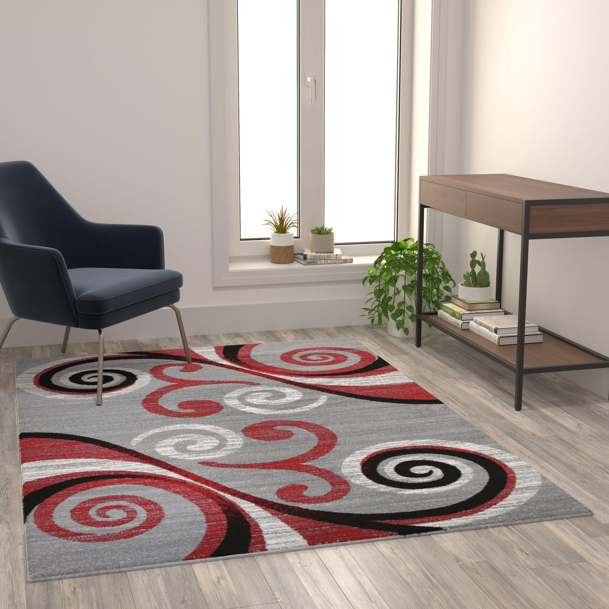 Red,5' x 7' |#| Modern Distressed Swirl Abstract Style Indoor Area Rug in Red - 5' x 7'