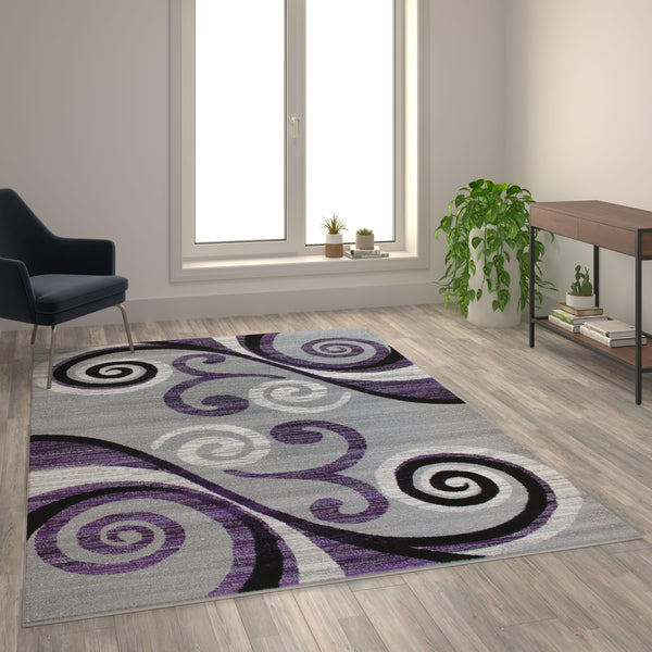 Purple,6' x 9' |#| Modern Distressed Swirl Abstract Style Indoor Area Rug in Purple - 6' x 9'