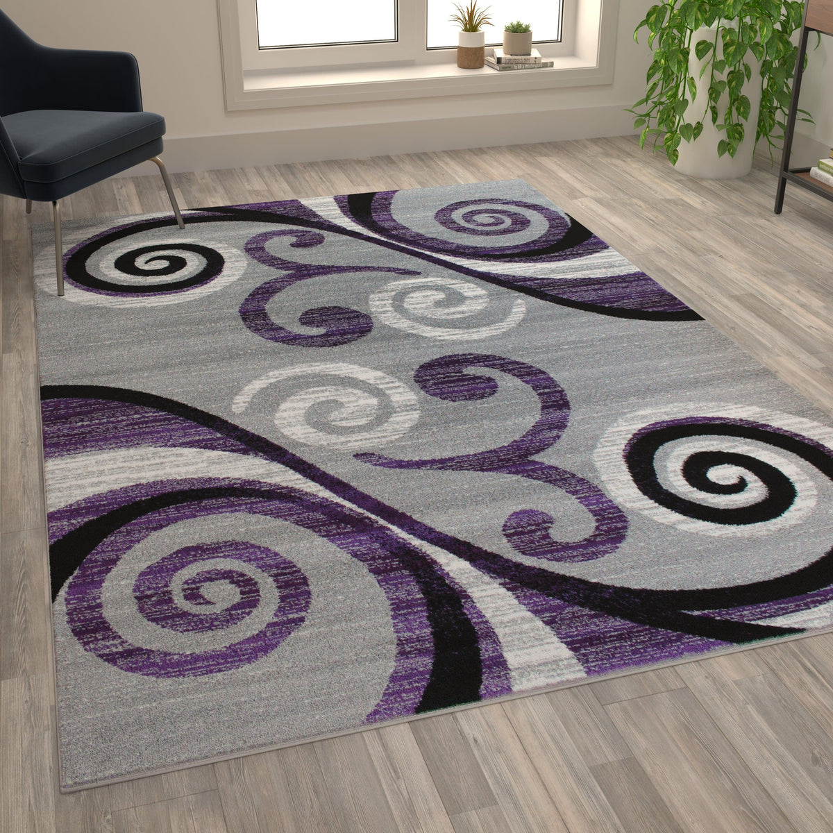 Purple,6' x 9' |#| Modern Distressed Swirl Abstract Style Indoor Area Rug in Purple - 6' x 9'