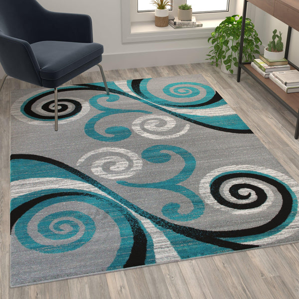 Turquoise,5' x 7' |#| Modern Distressed Swirl Abstract Style Indoor Area Rug in Turquoise - 5' x 7'