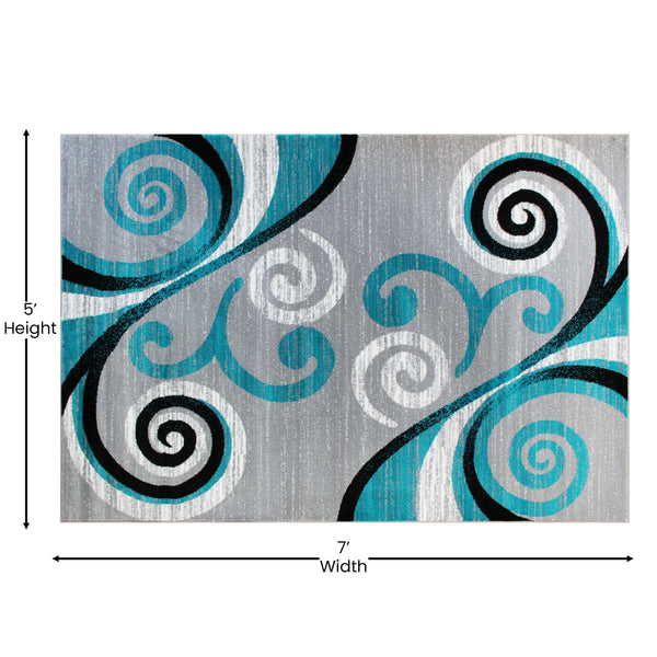 Turquoise,5' x 7' |#| Modern Distressed Swirl Abstract Style Indoor Area Rug in Turquoise - 5' x 7'