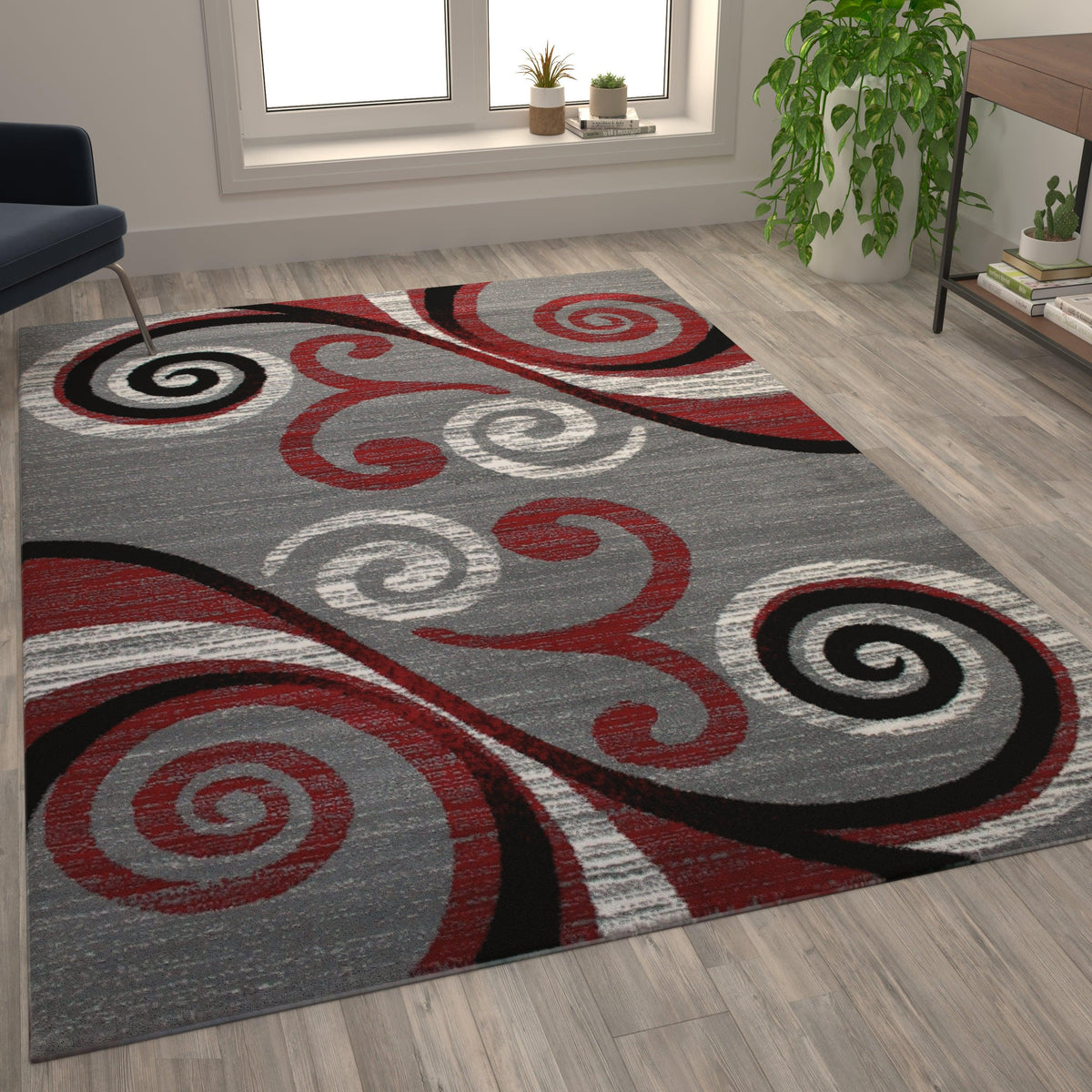 Red,6' x 9' |#| Modern Distressed Swirl Abstract Style Indoor Area Rug in Red - 6' x 9'